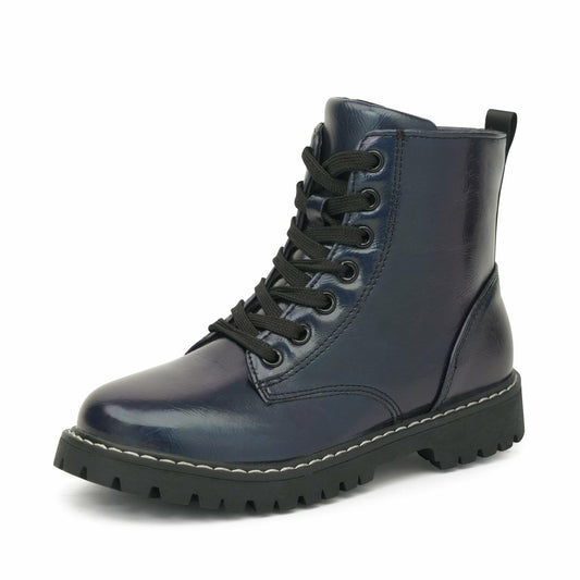 firelli Kids Ankle Boots Navy Side Zipper Lace Up Combat Boots Size 1 US