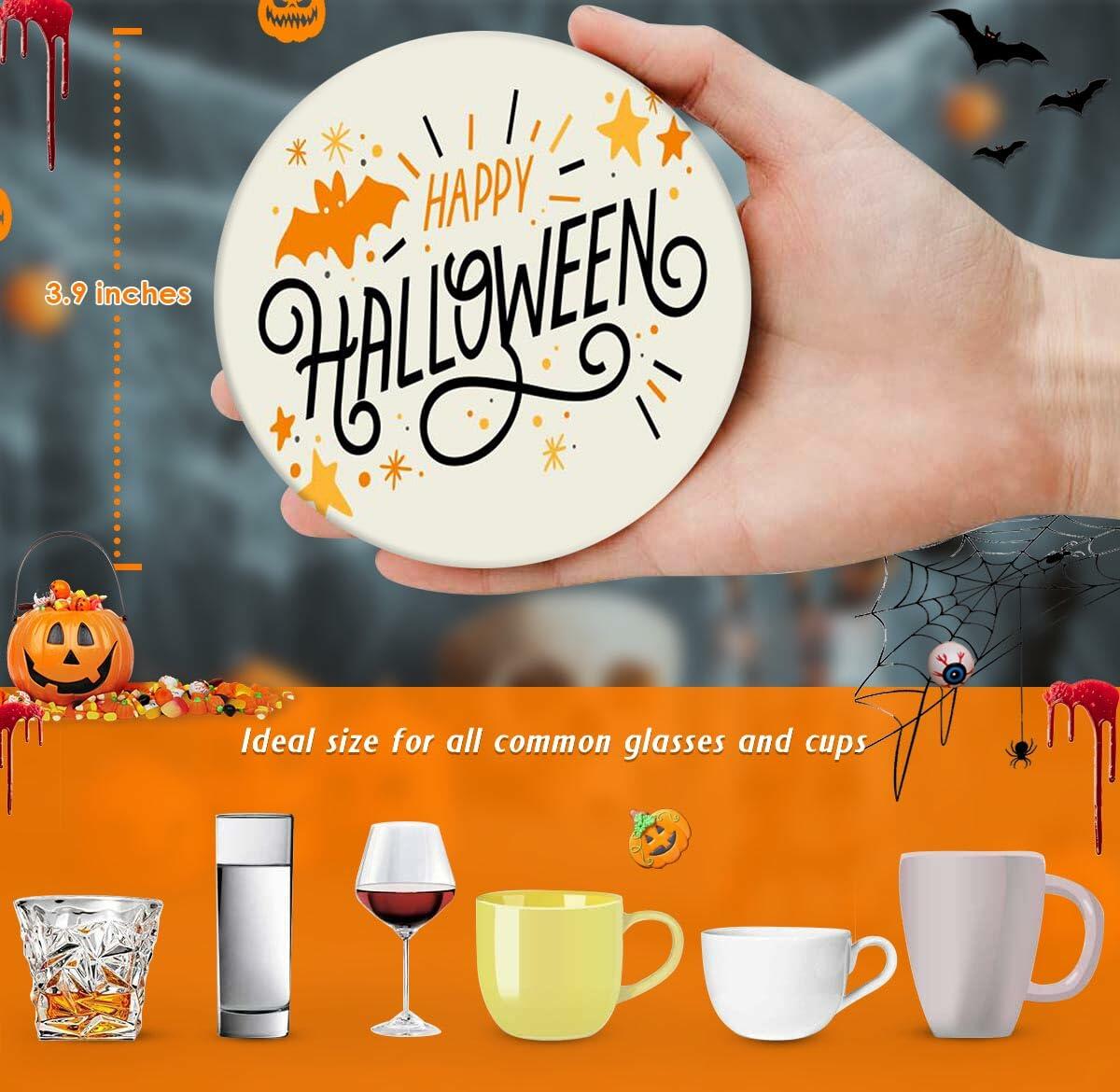 Bribay Halloween Pumpkin Cat Coasters Set of 6 Ceramic Stone Mat Cork Base