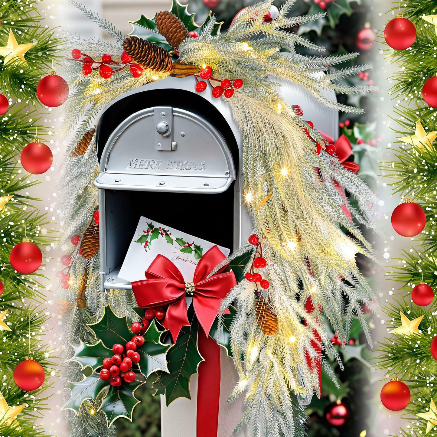 Chuangdi 36" Prelit Christmas Mailbox Swag Wreath with Pine Cones & Red Berries