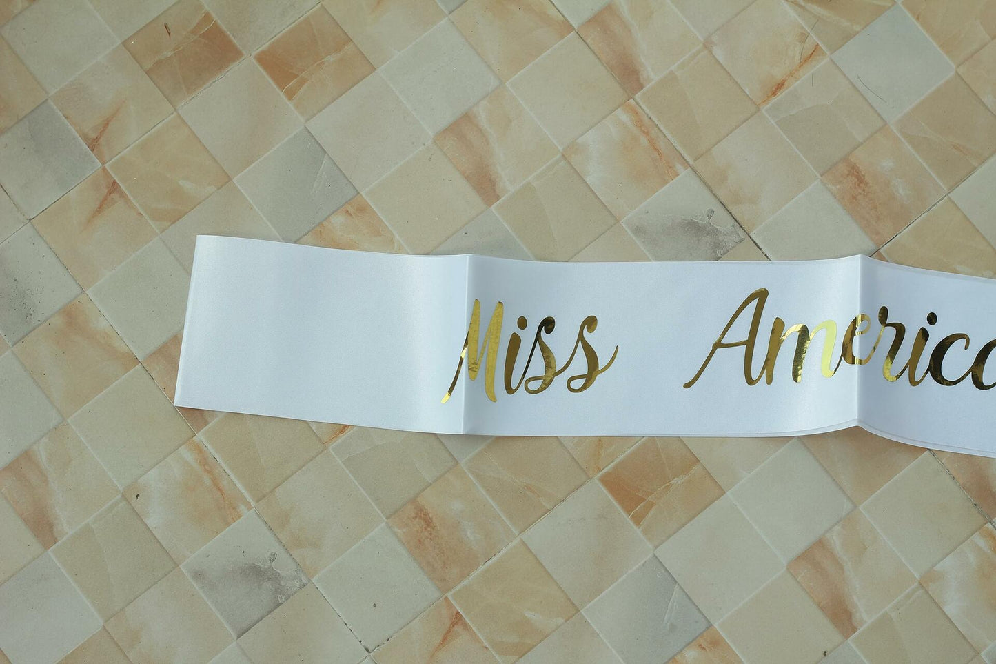 Vrogadso Miss Americana White Satin Sash Gold Glitter Letters