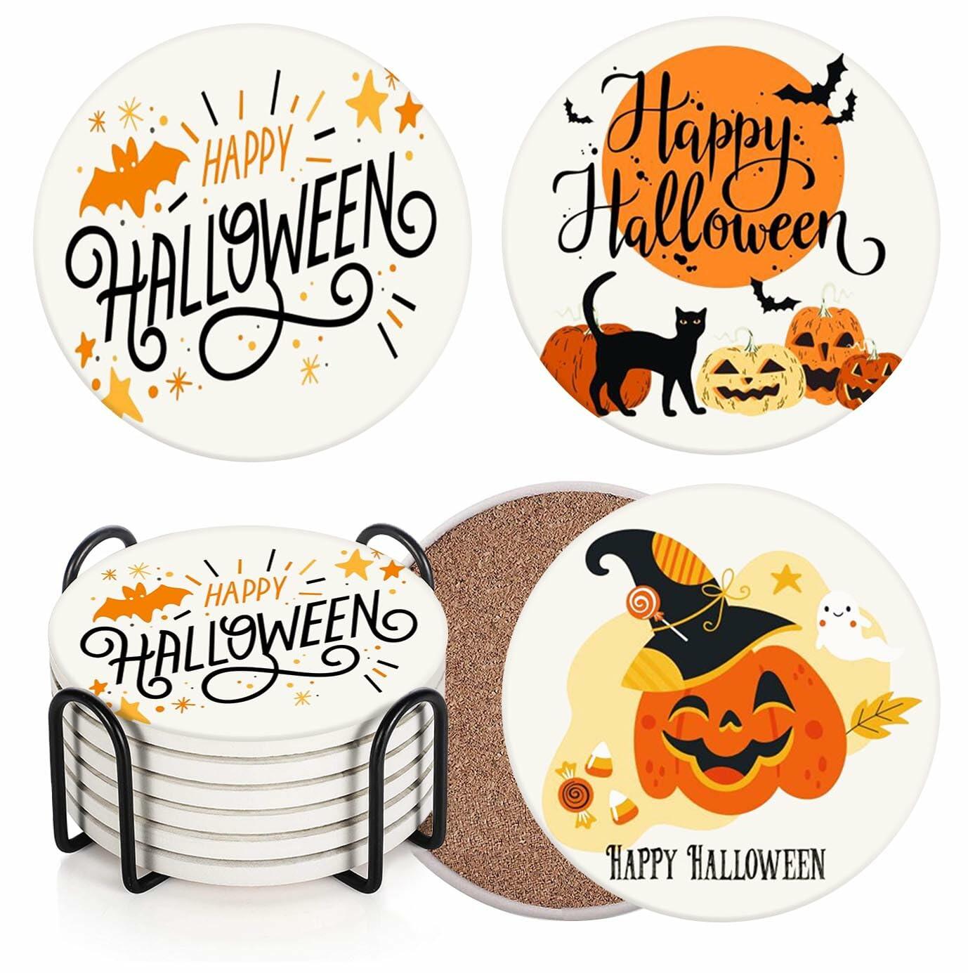 Bribay Halloween Pumpkin Cat Coasters Set of 6 Ceramic Stone Mat Cork Base