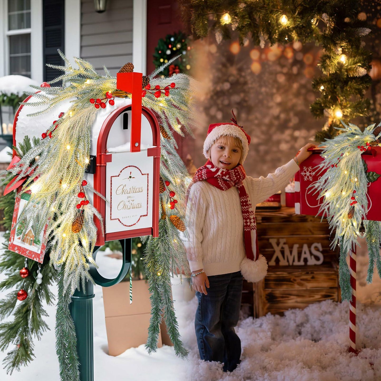 Chuangdi 36" Prelit Christmas Mailbox Swag Wreath with Pine Cones & Red Berries