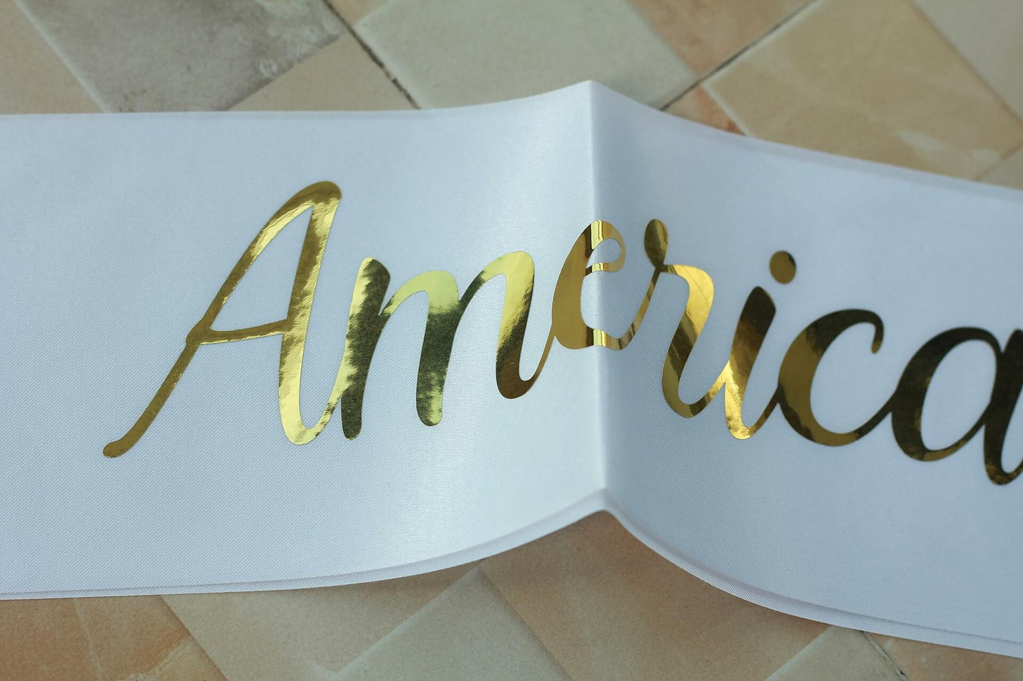 Vrogadso Miss Americana White Satin Sash Gold Glitter Letters