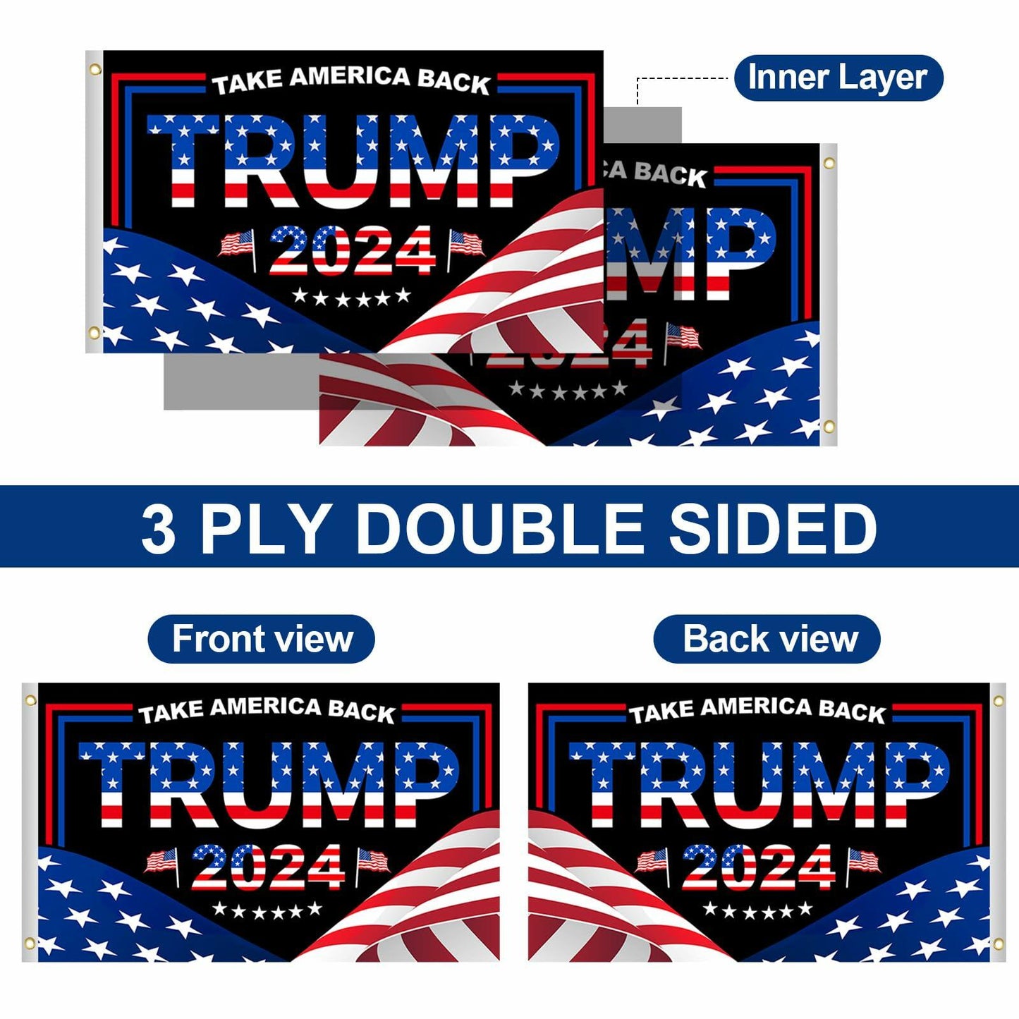Trump 2024 Flag 3x5 FT Double Sided UV Resistant Banner with 2 Brass Grommets