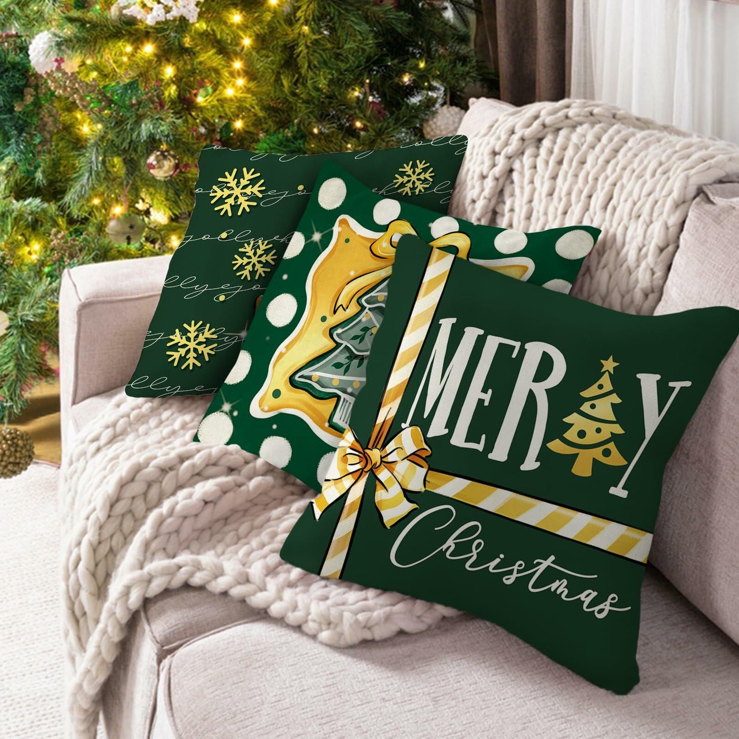 Fahrendom 4-Pack 16x16 Red Green Xmas Tree Snowflake Outdoor Pillow Covers