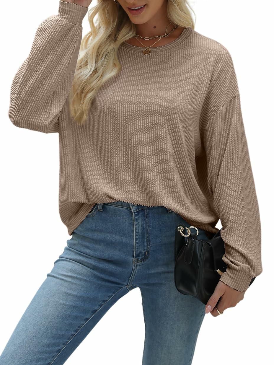 Nfsion Womens Ribbed Long Sleeve Crewneck Soft Top Khaki Size S