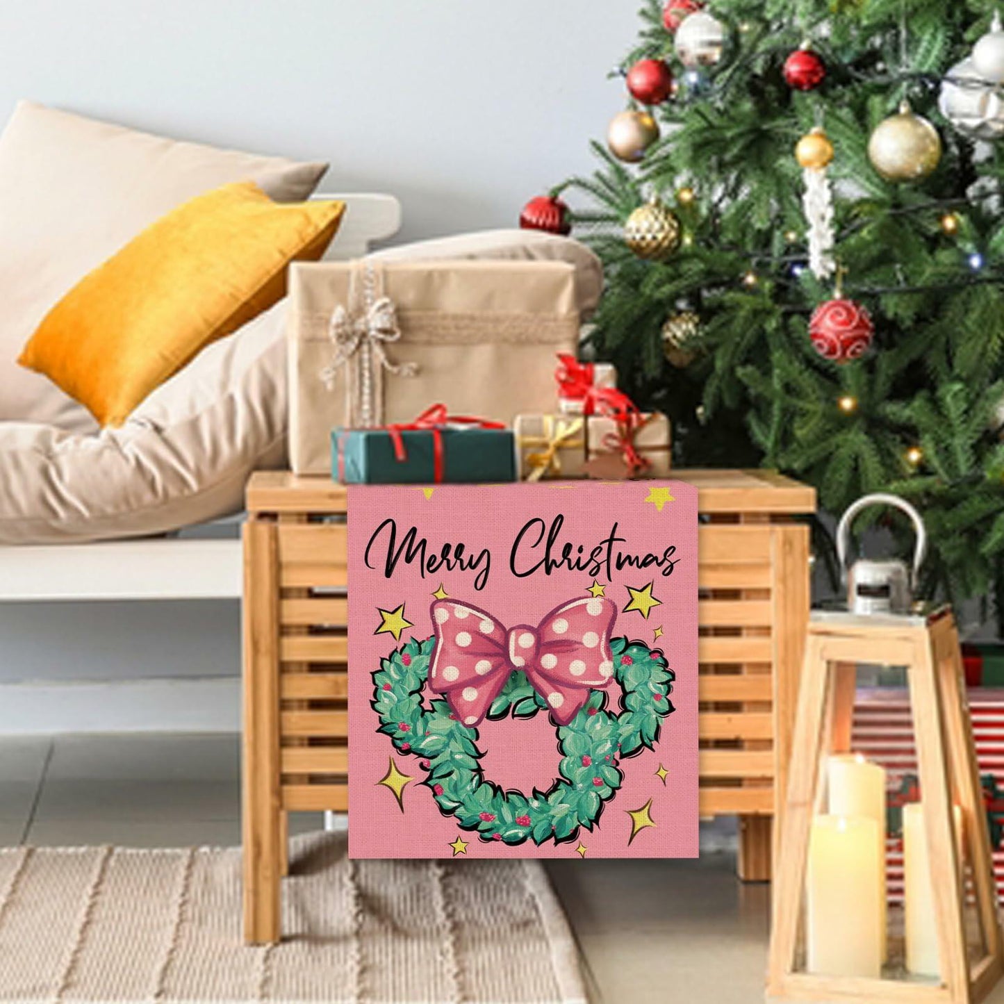 Seliem Christmas Wreath Table Runner Colorful Burlap 13x36 Inch Xmas Decor