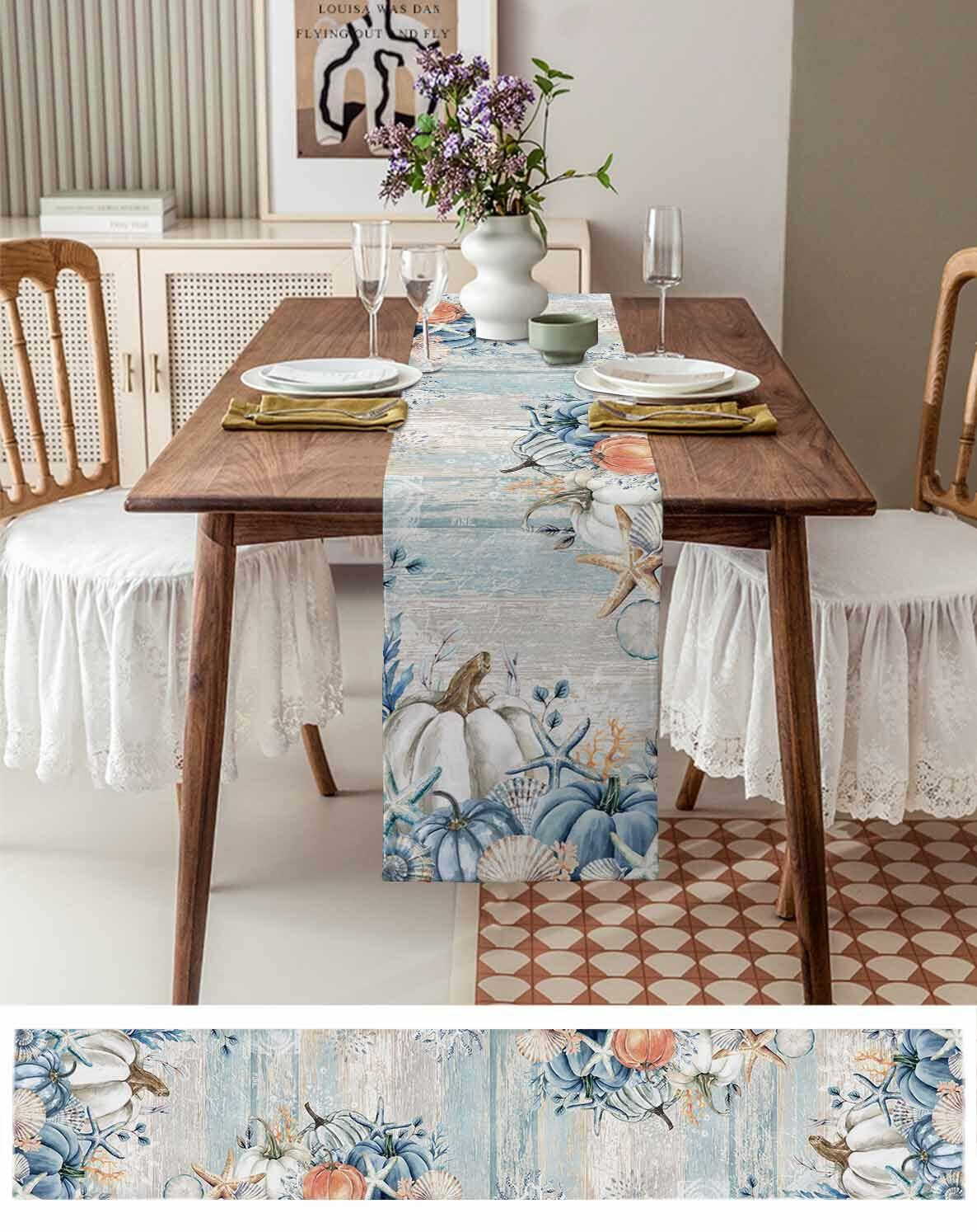Amoxx Cotton Table Runner Blue 13x70in Fall Coastal Pumpkin Starfish Shells