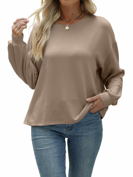 Nfsion Womens Ribbed Long Sleeve Crewneck Soft Top Khaki Size S