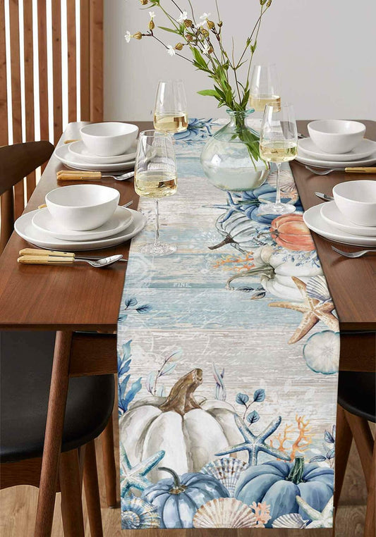 Amoxx Cotton Table Runner Blue 13x70in Fall Coastal Pumpkin Starfish Shells
