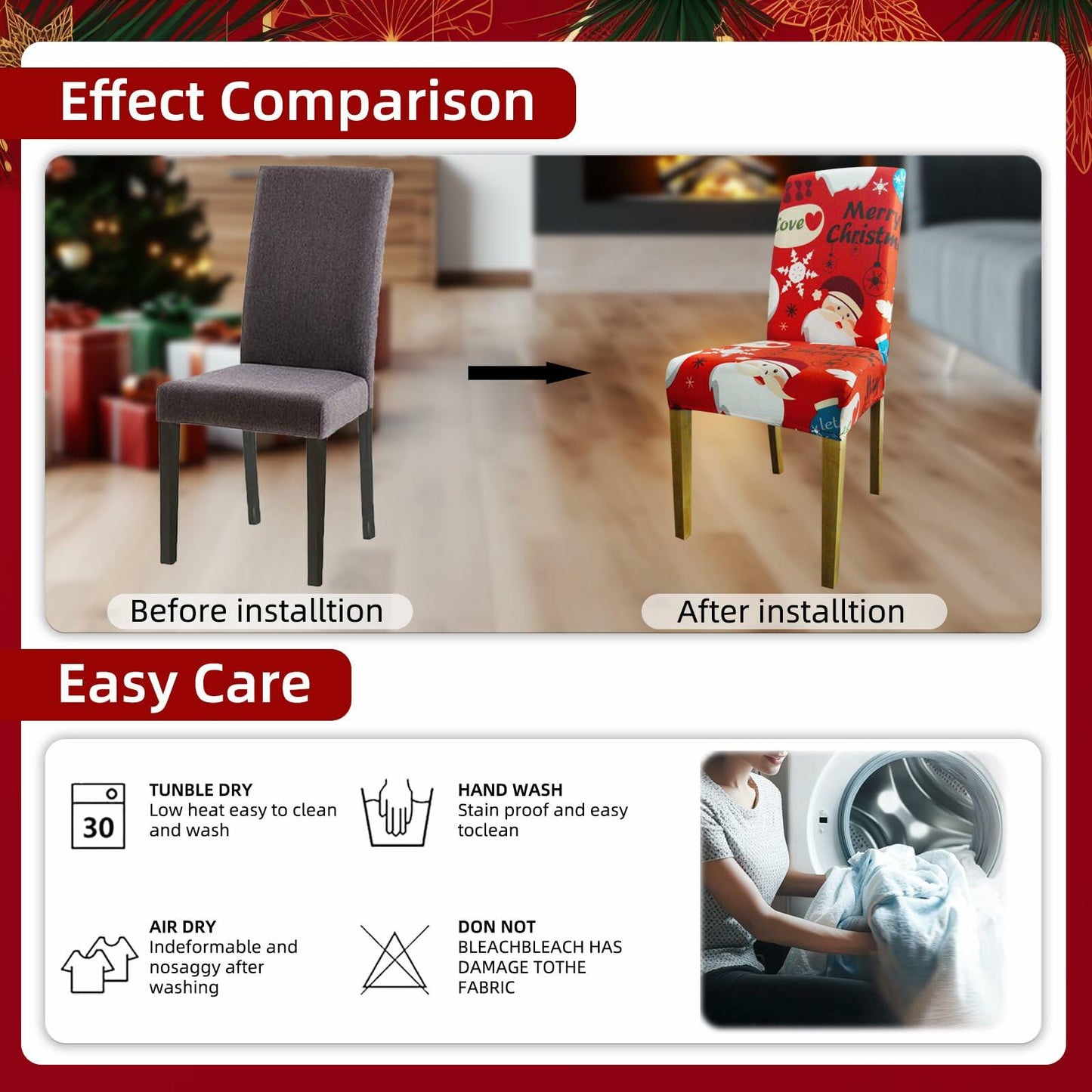 Oloepfo Christmas Chair Covers Set of 4 Stretch Removable Santa Red