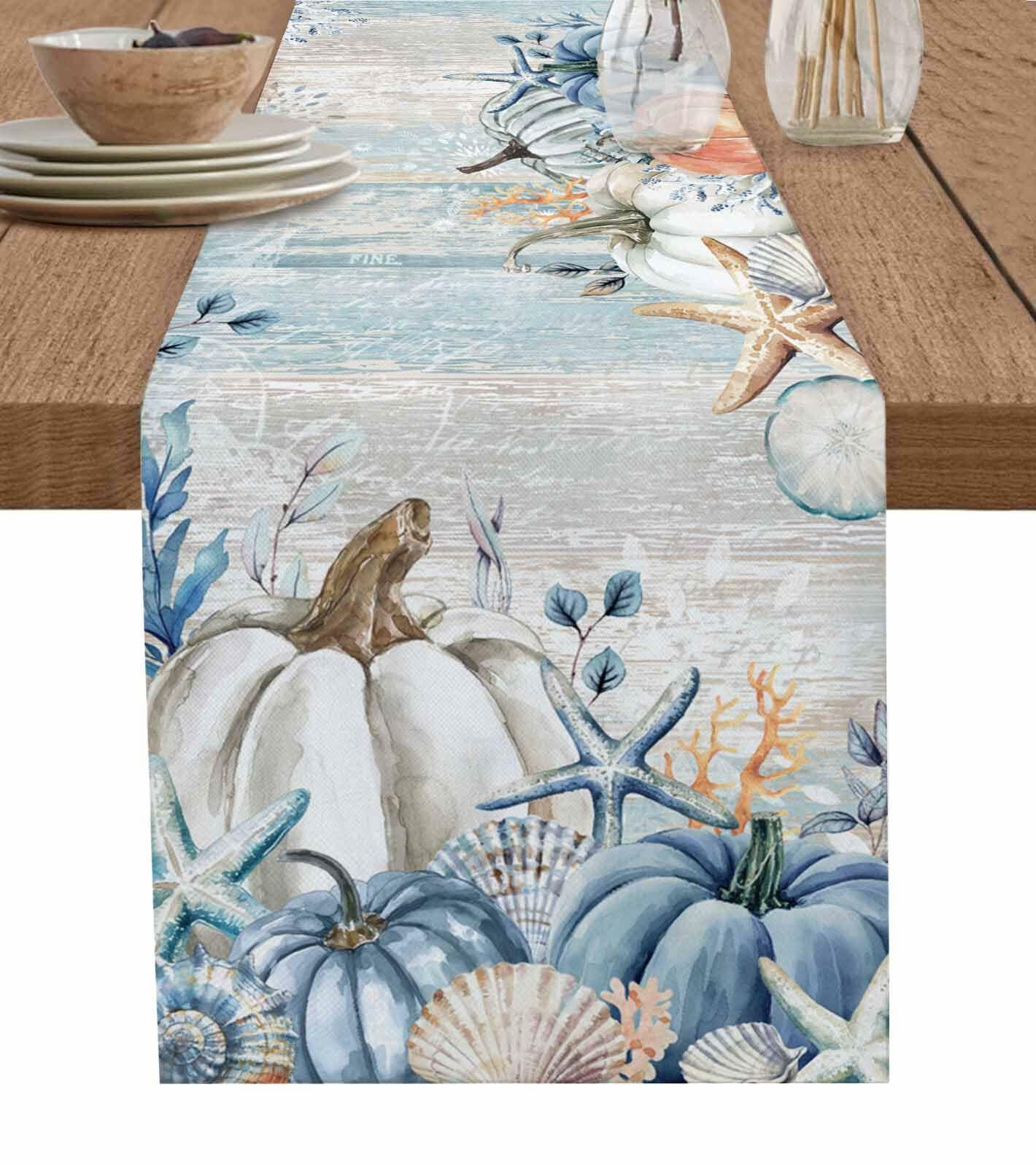 Amoxx Cotton Table Runner Blue 13x70in Fall Coastal Pumpkin Starfish Shells