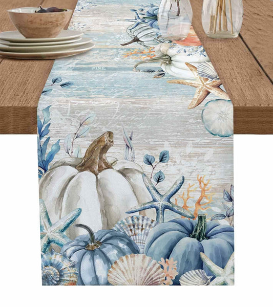 Amoxx Cotton Table Runner Blue 13x70in Fall Coastal Pumpkin Starfish Shells