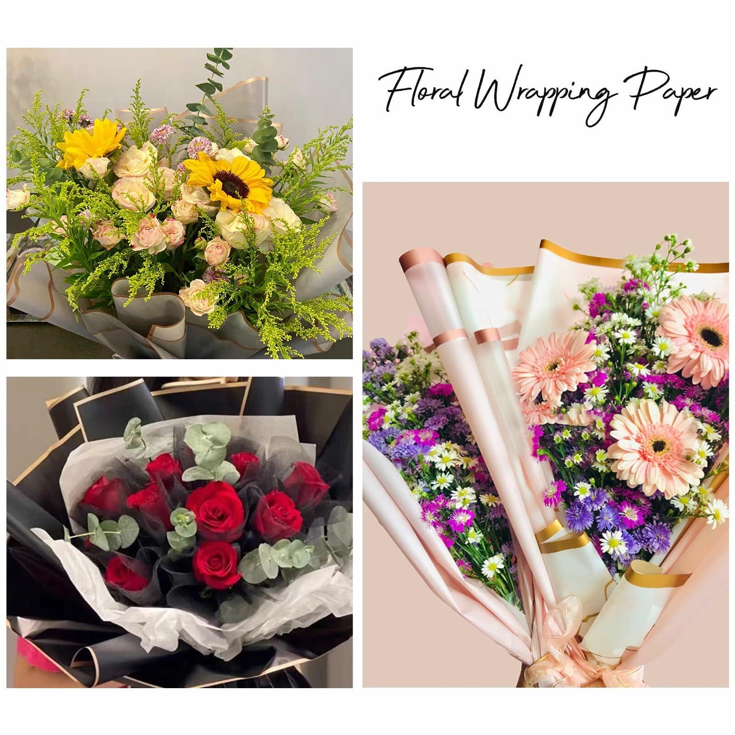 LOTMER 30 Sheets Flower Wrapping Paper, 3 Colors with 3 Ribbons & 30 Cards