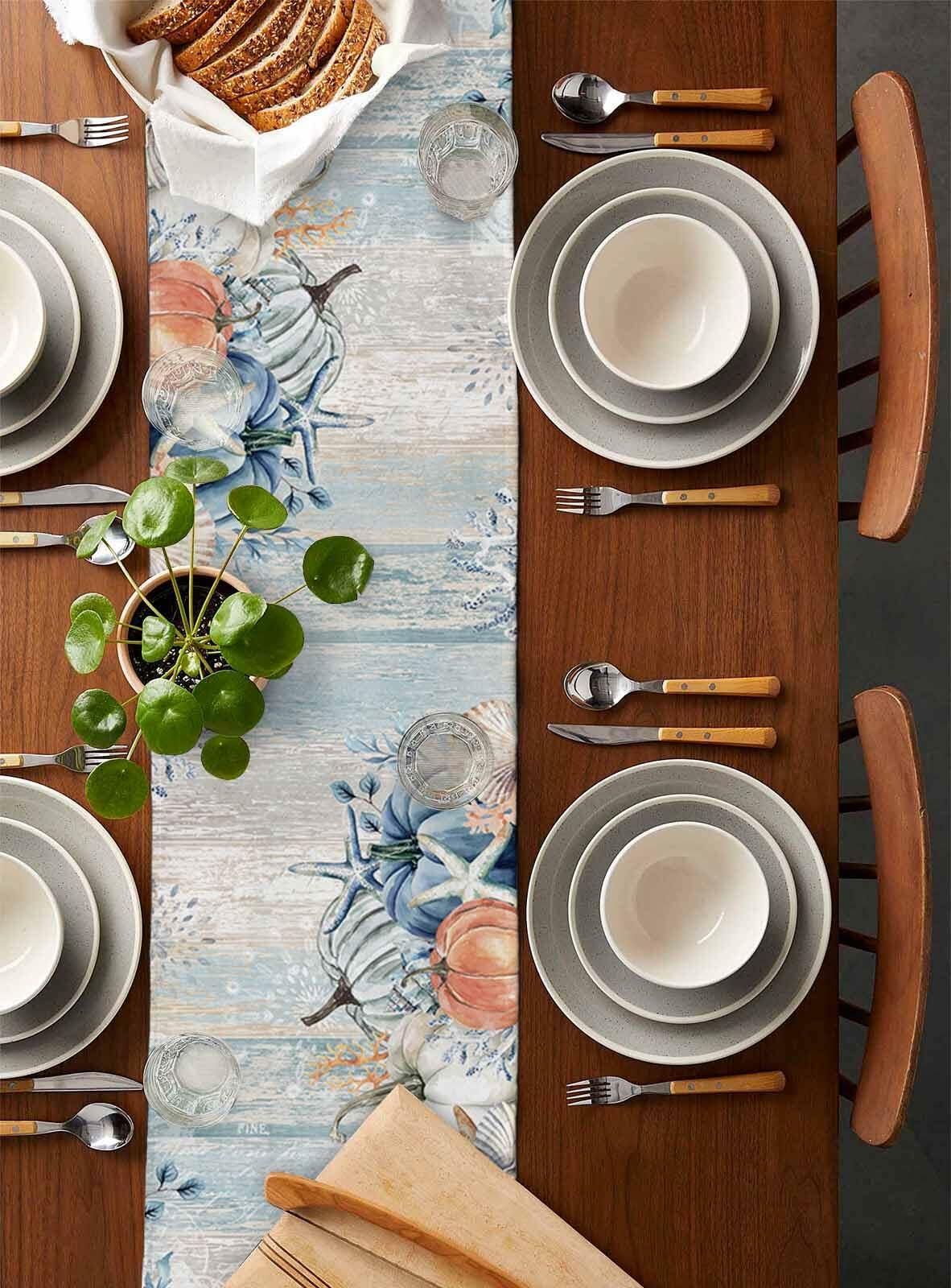 Amoxx Cotton Table Runner Blue 13x70in Fall Coastal Pumpkin Starfish Shells