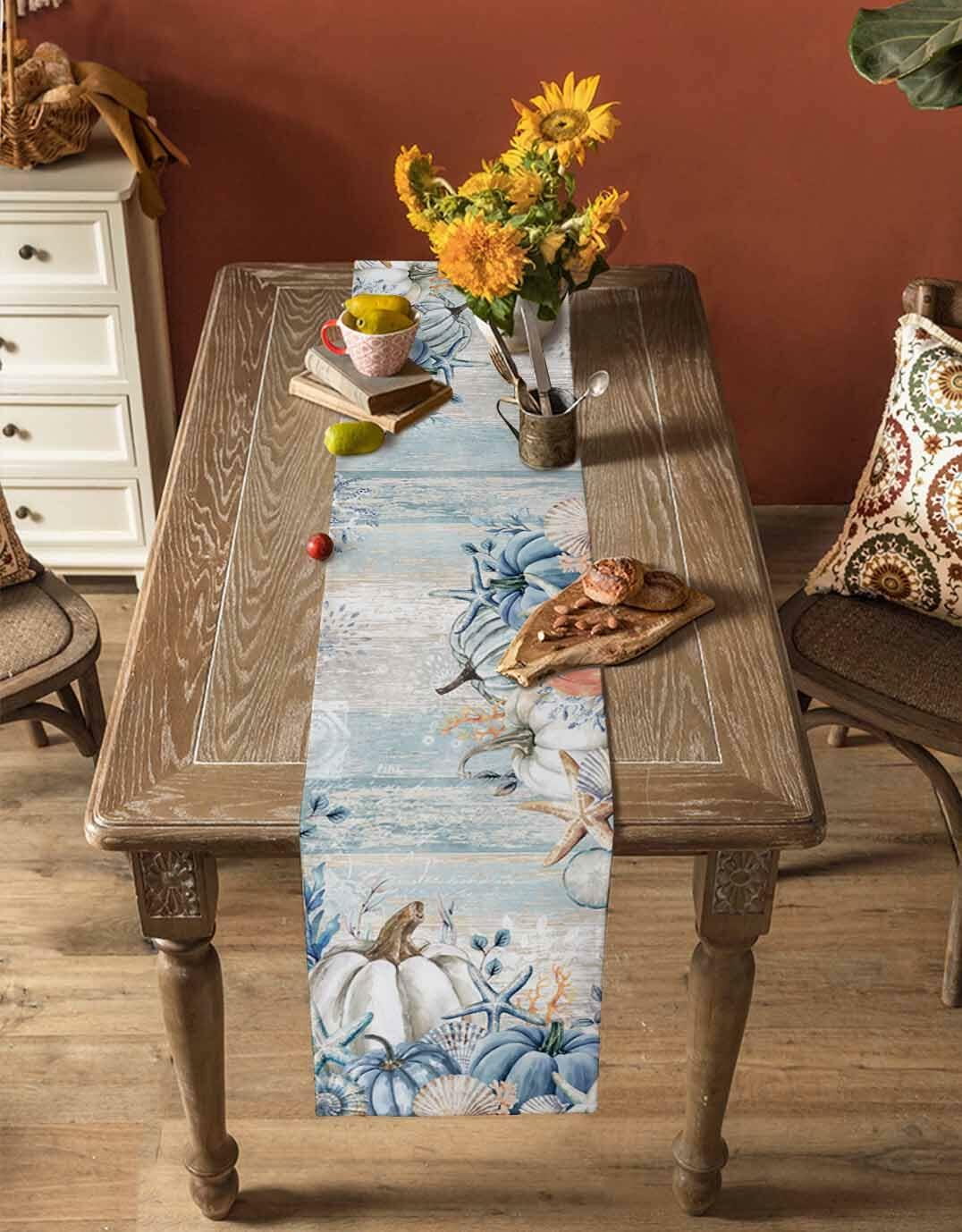 Amoxx Cotton Table Runner Blue 13x70in Fall Coastal Pumpkin Starfish Shells