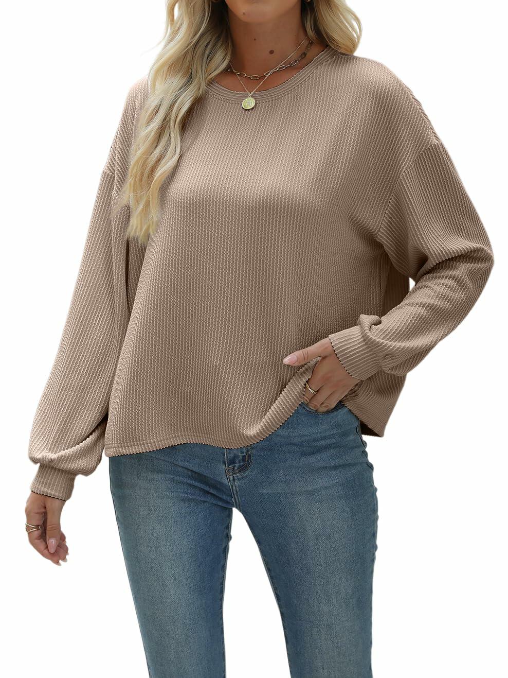 Nfsion Womens Ribbed Long Sleeve Crewneck Soft Top Khaki Size S