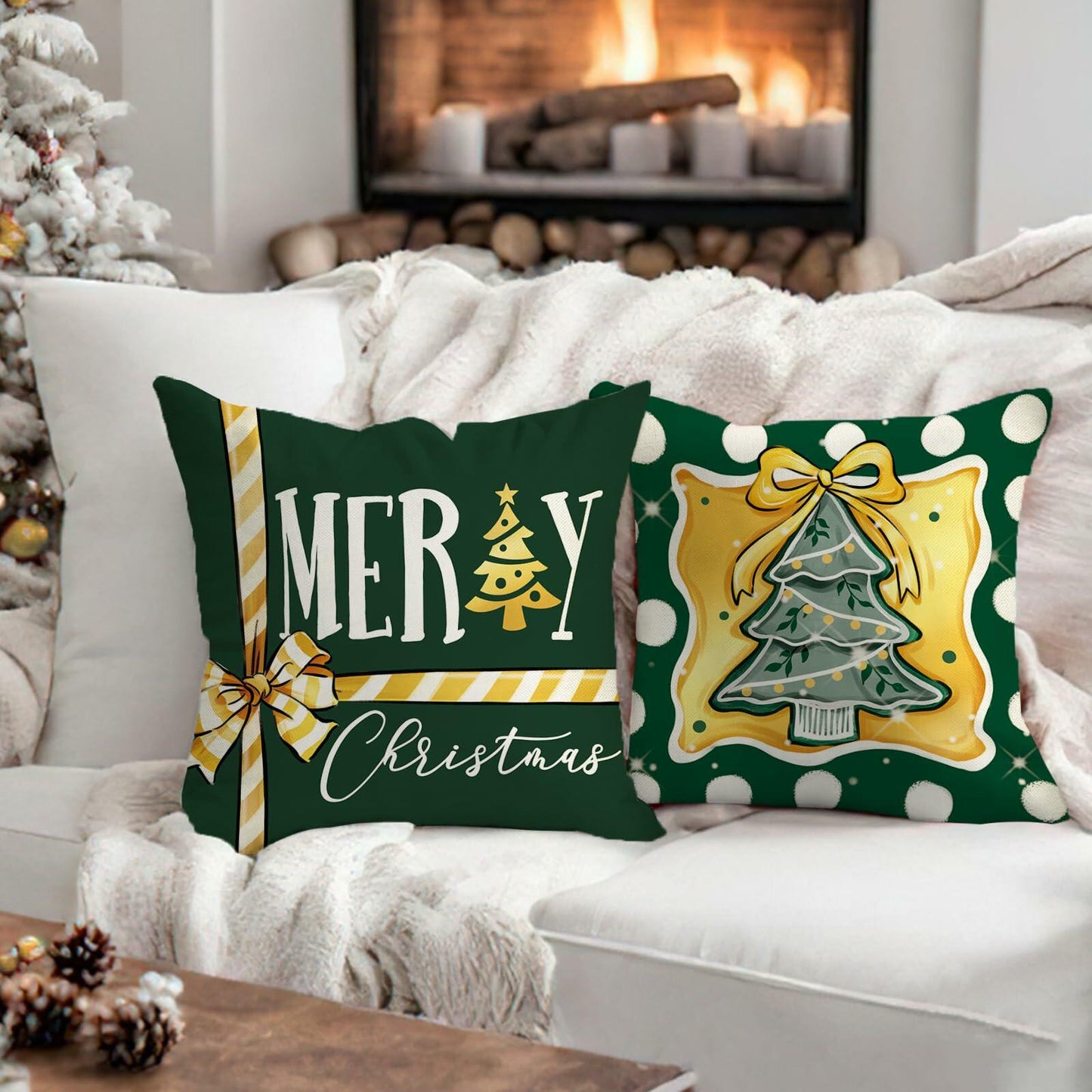 Fahrendom 4-Pack 16x16 Red Green Xmas Tree Snowflake Outdoor Pillow Covers