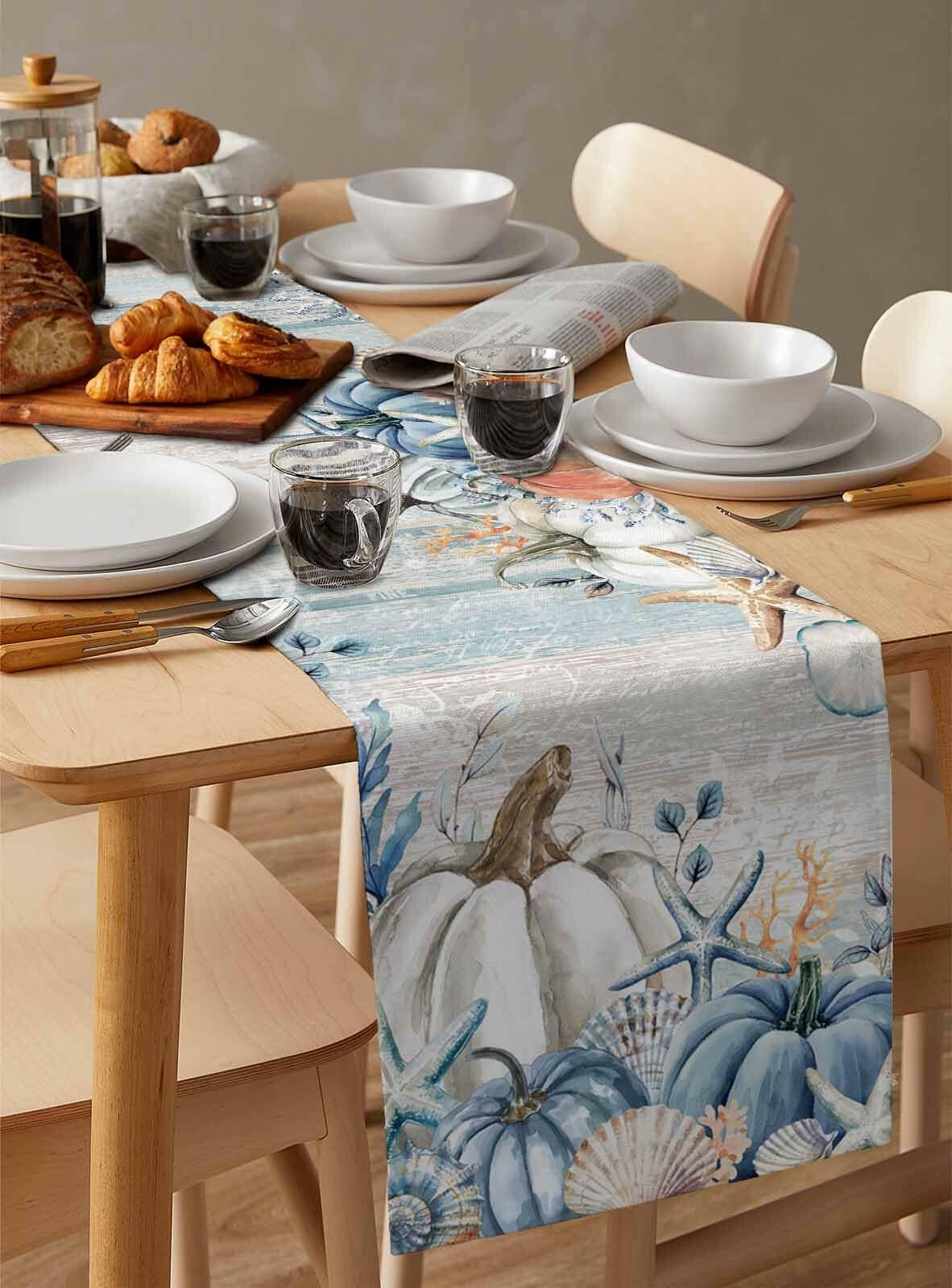 Amoxx Cotton Table Runner Blue 13x70in Fall Coastal Pumpkin Starfish Shells