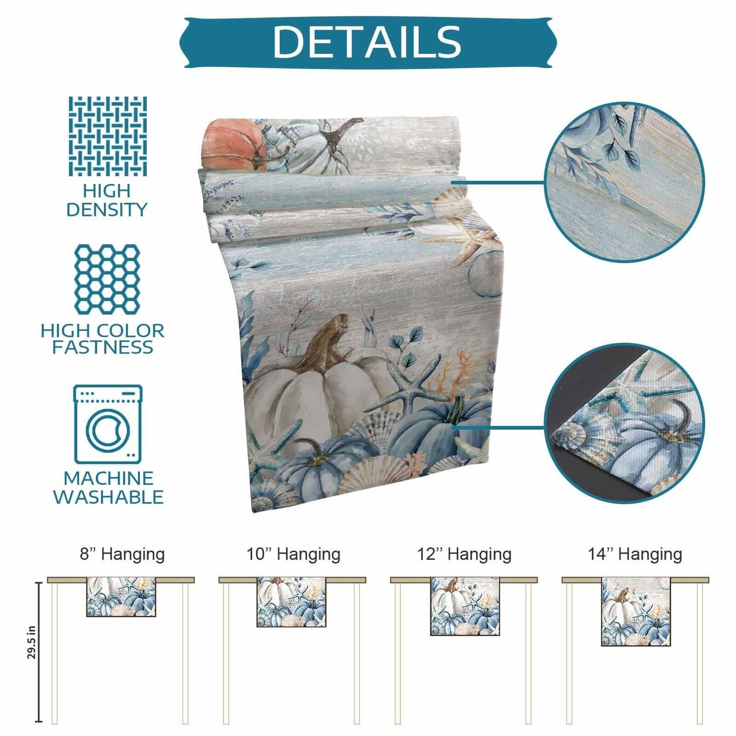 Amoxx Cotton Table Runner Blue 13x70in Fall Coastal Pumpkin Starfish Shells
