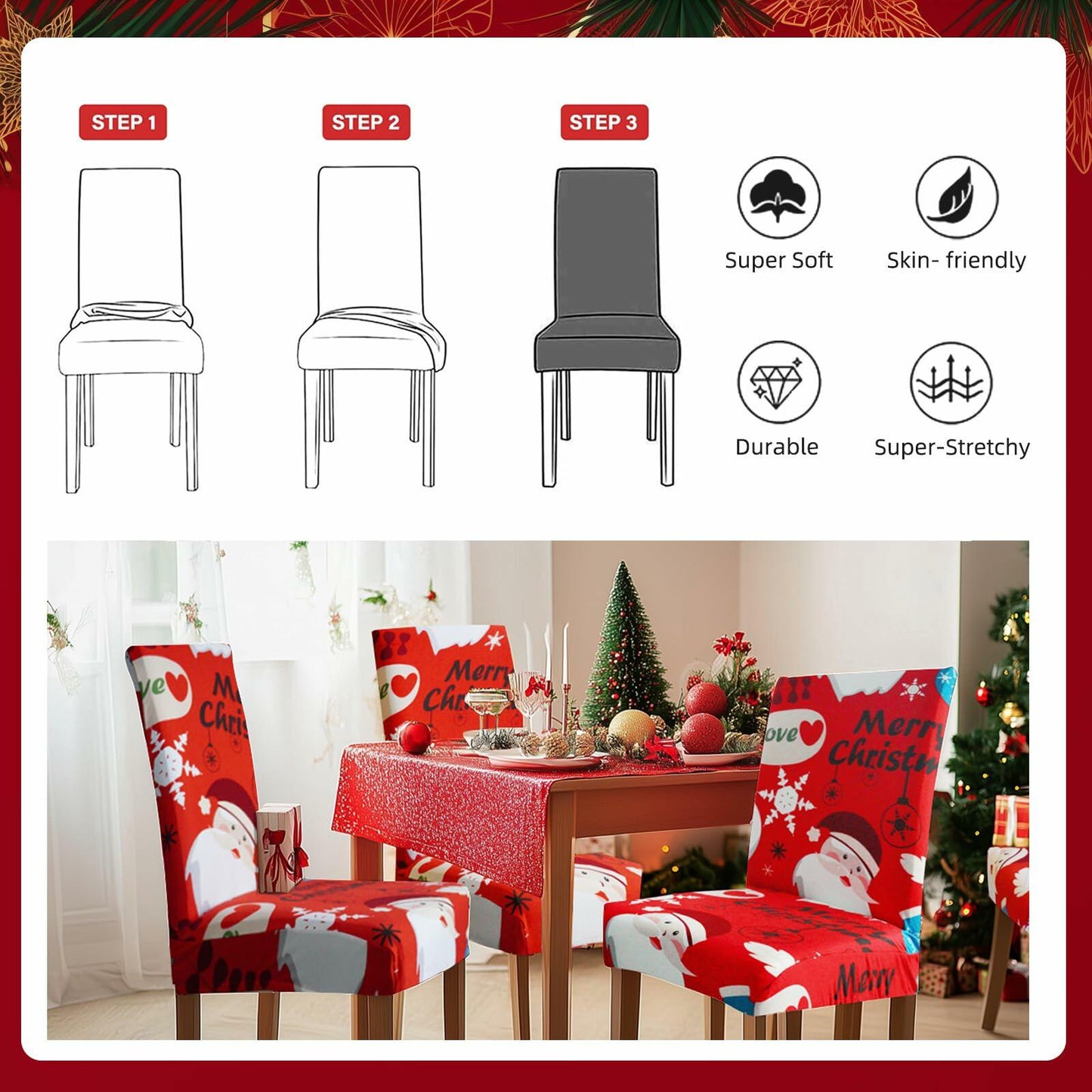 Oloepfo Christmas Chair Covers Set of 4 Stretch Removable Santa Red