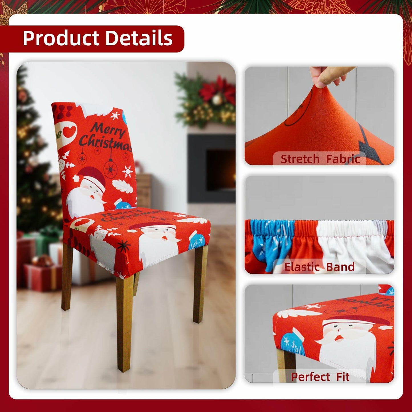 Oloepfo Christmas Chair Covers Set of 4 Stretch Removable Santa Red