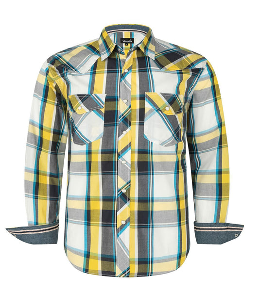 VENZULIA Men's Western Snap Long Sleeve Plaid Shirt White Size 2XL