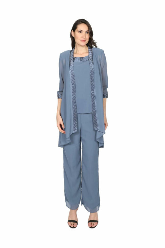 Le Bos Women's Elegant 3-Piece Satin-Trimmed Pant Set, Size 8, Ocean Blue