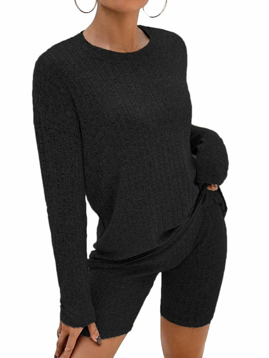 Ekouaer 2PC Ribbed Knit Lounge Set Long Sleeve Biker Shorts Black Large