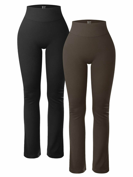OQQ Women's 2PC Yoga Ribbed Seamless High Waist Pants Small Black Darkbrown