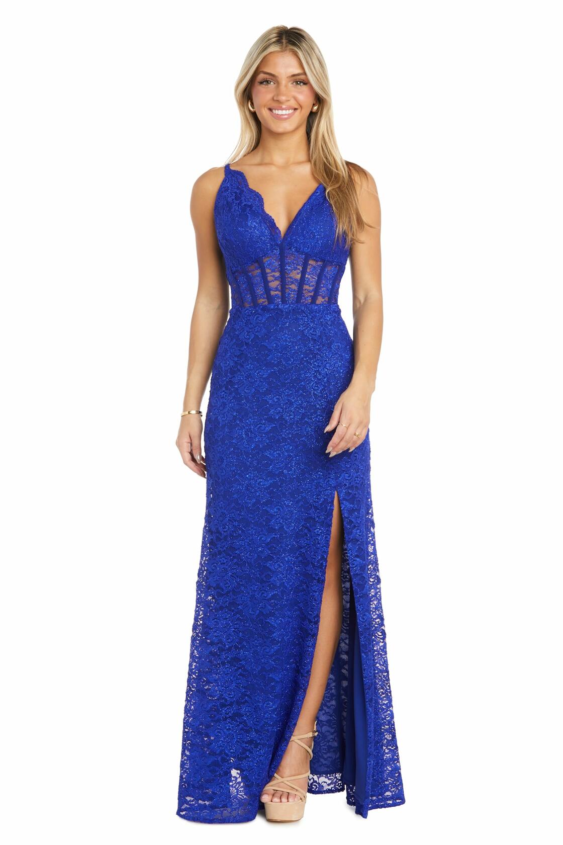 MORGAN AND CO. Plus Size Lace Whispers Corset Gown, Royal - Size 14