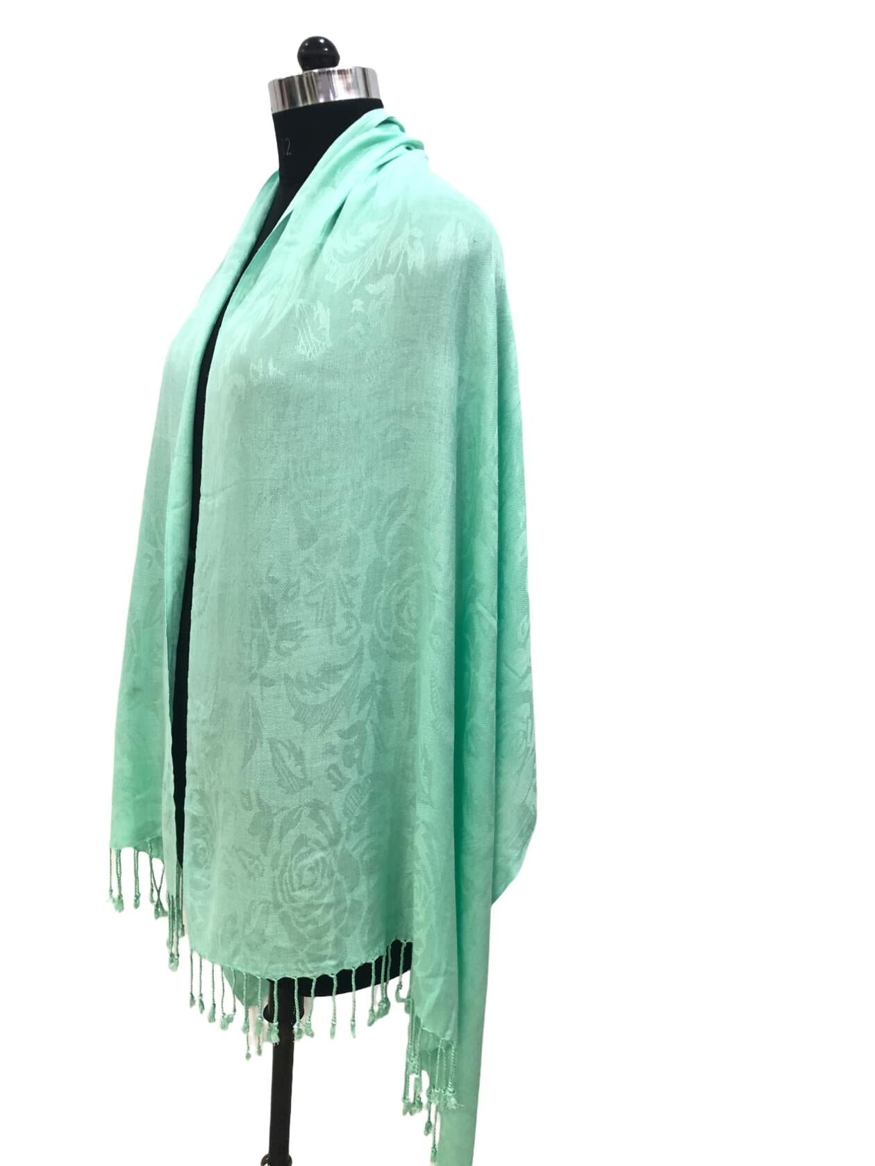Elu Pashmina Shawl Large Flower Textured Sea Green Soft Wrap 78x28