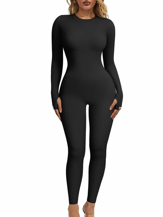 OQQ Women's Yoga Ribbed Long Sleeve Crew Neck Top Black Size L
