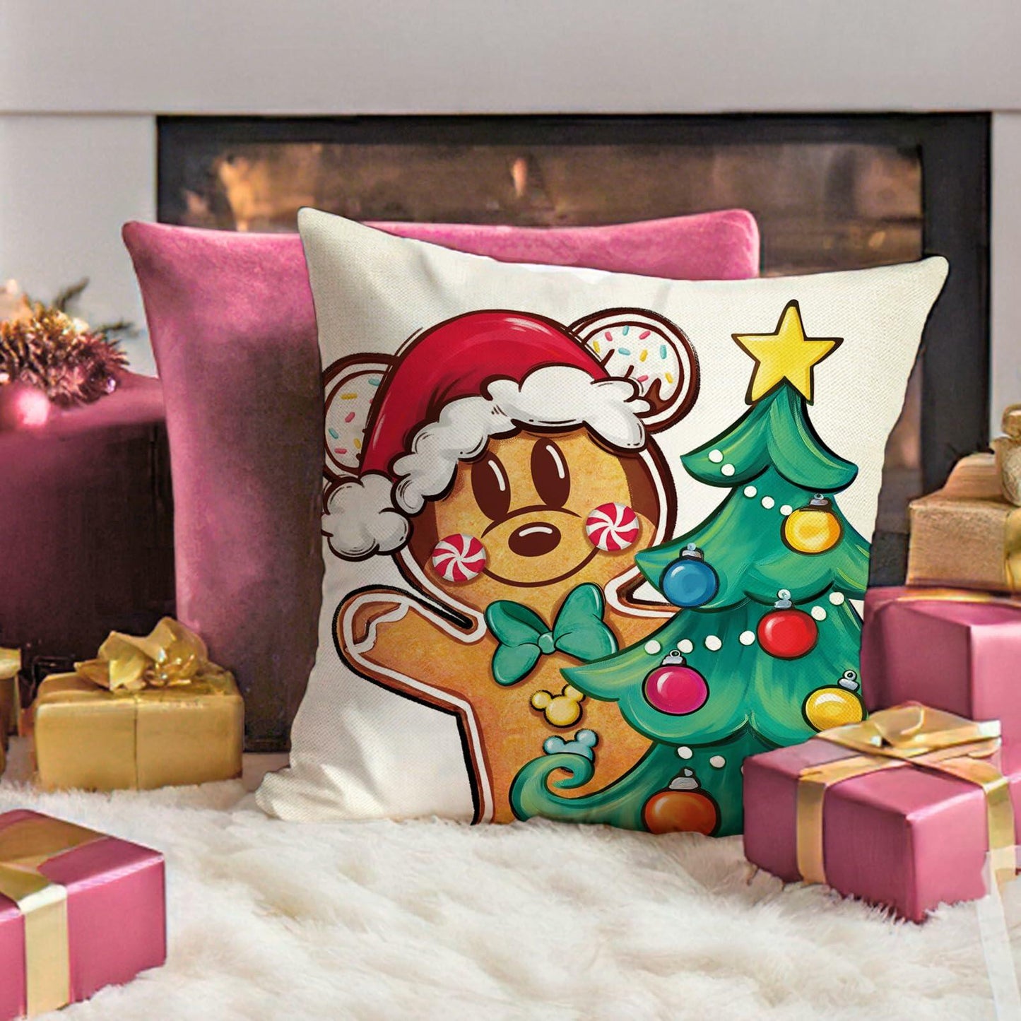 Fahrendom 4-Pack 18x18 Magenta Christmas Gingerbread Man Pillow Covers Set