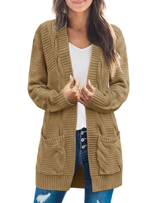 MEROKEETY Women's 2025 Cable Knit Cardigan Sweater Open Front Khaki Medium