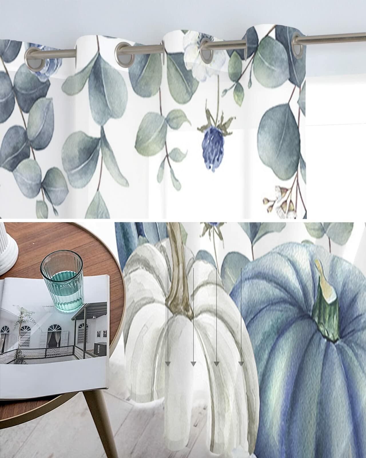 Thanksgiving Pumpkins Eucalyptus Sheer Curtains 84in 2 Panels Blue White