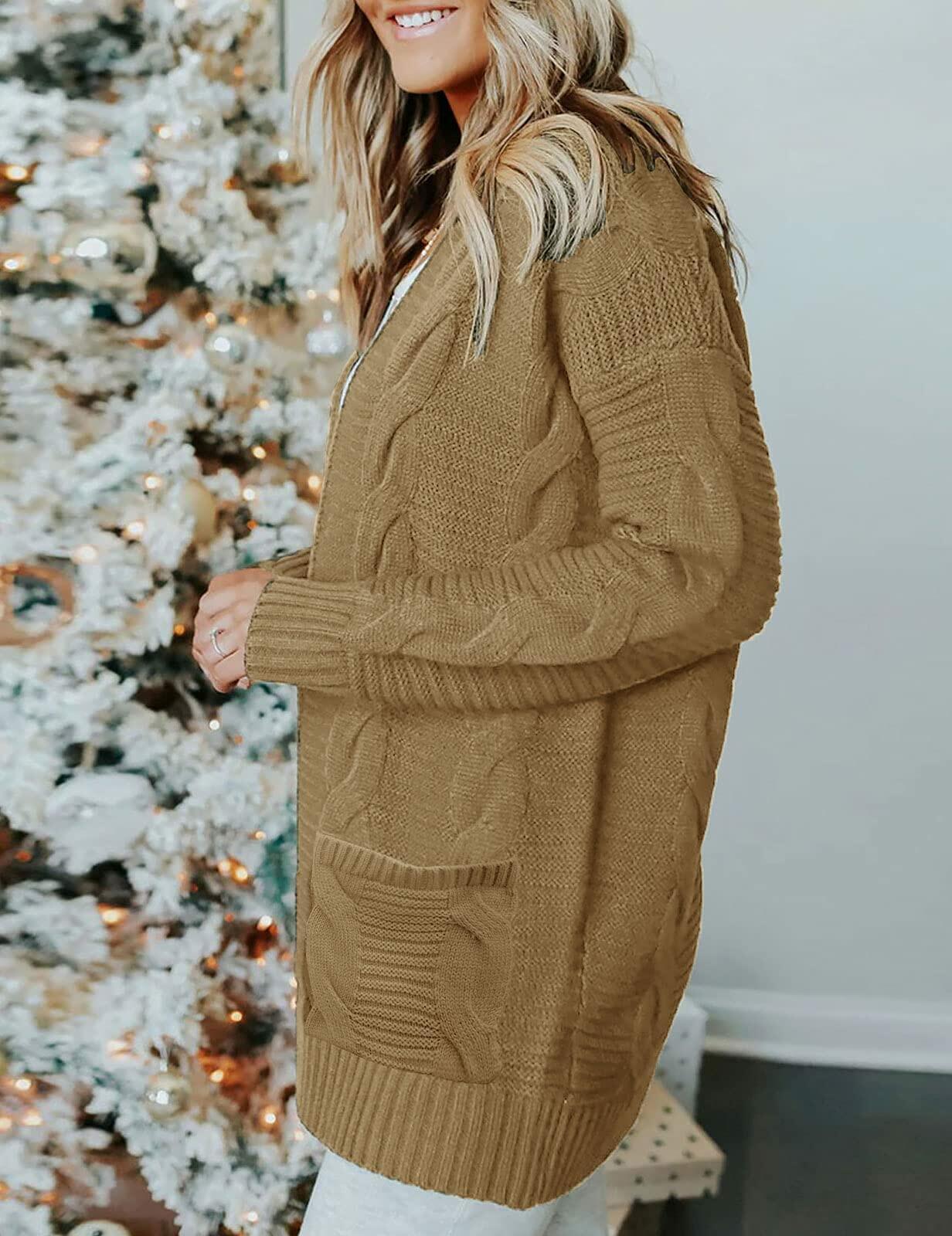 MEROKEETY Women's 2025 Cable Knit Cardigan Sweater Open Front Khaki Medium
