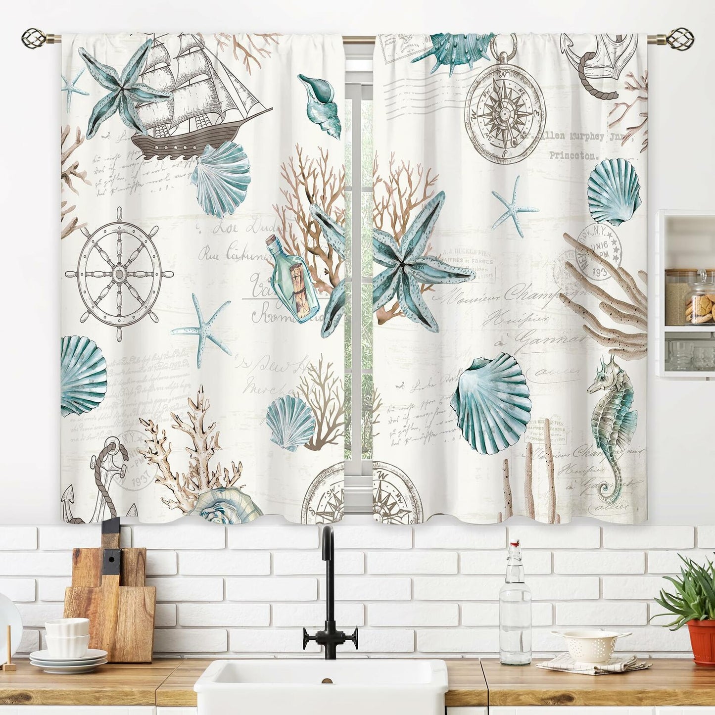 oolygoo Green Leaf Floral Kitchen Curtains Botanical Window Treatment 27.5x39in