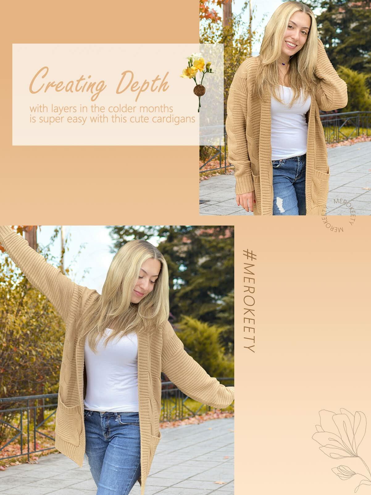 MEROKEETY Women's 2025 Cable Knit Cardigan Sweater Open Front Khaki Medium