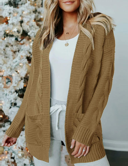 MEROKEETY Women's 2025 Cable Knit Cardigan Sweater Open Front Khaki Medium