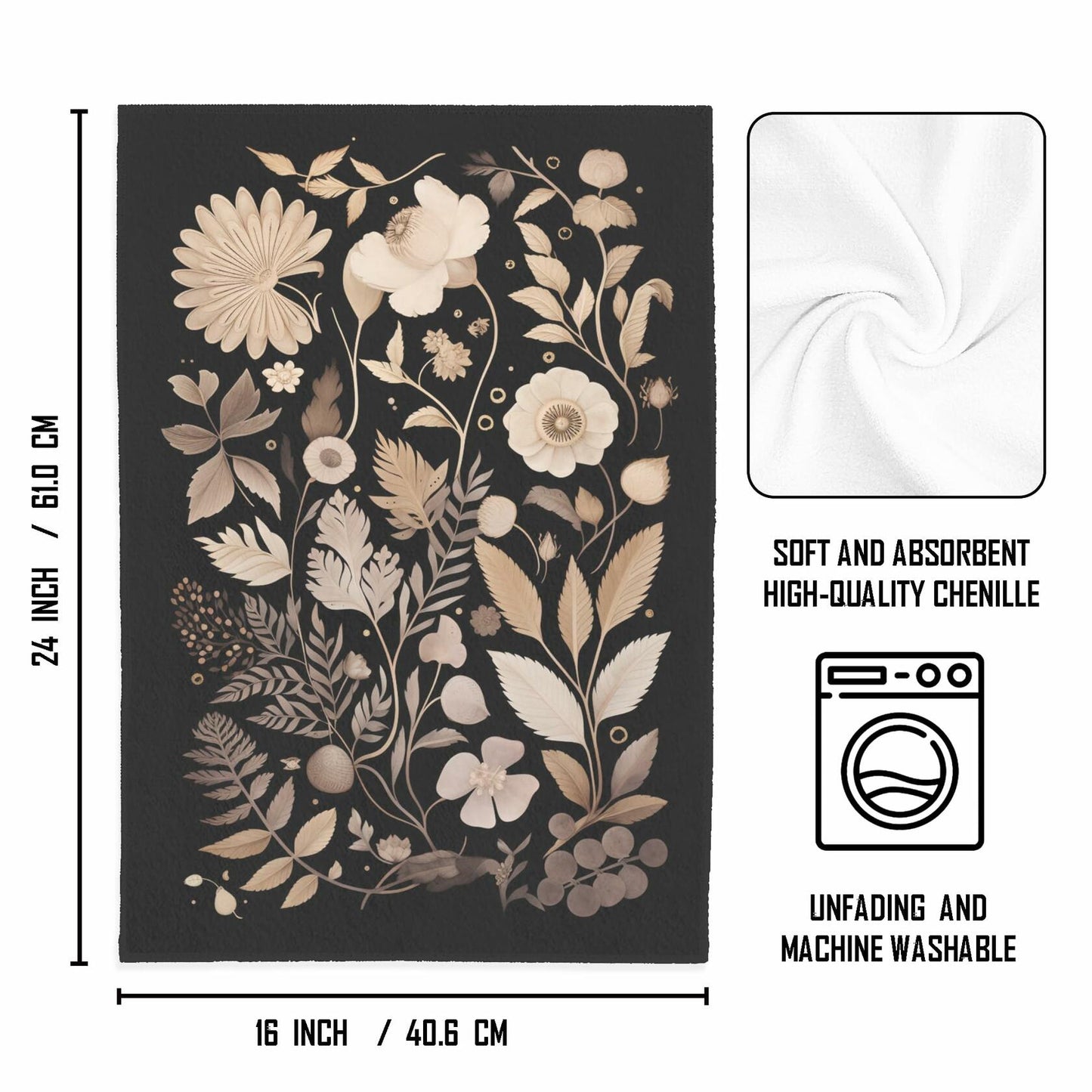 WFSM 2-Pack 16x24in Black Floral Boho Kitchen Towels Vintage Botanical