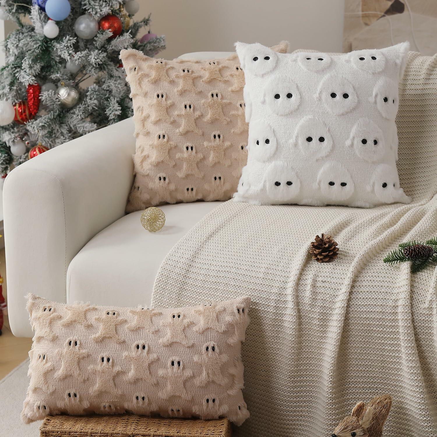 Allorry 2-Pack 18x18 Beige Gingerbread Christmas Pillow Covers Soft Plush Fur