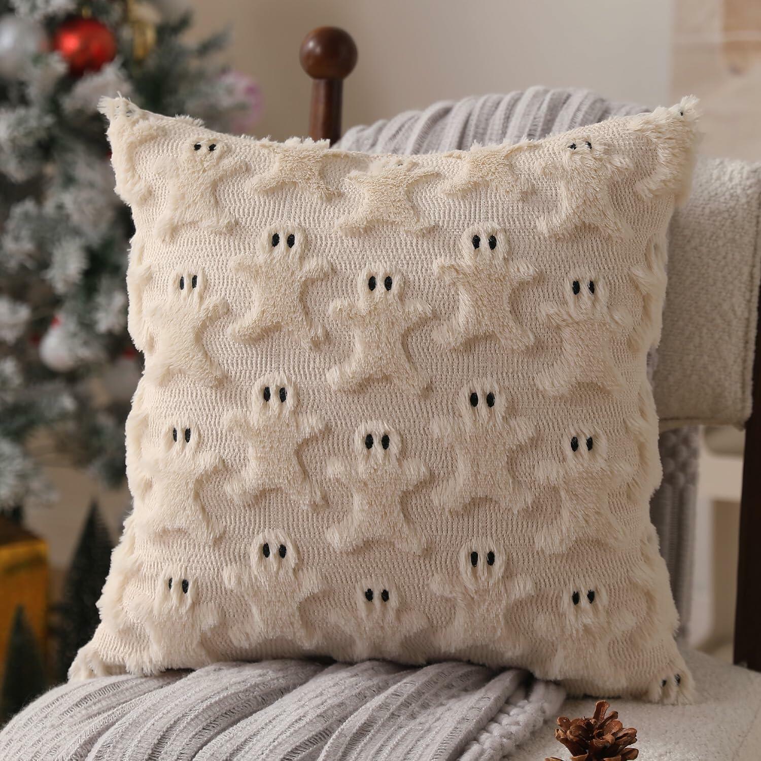 Allorry 2-Pack 18x18 Beige Gingerbread Christmas Pillow Covers Soft Plush Fur