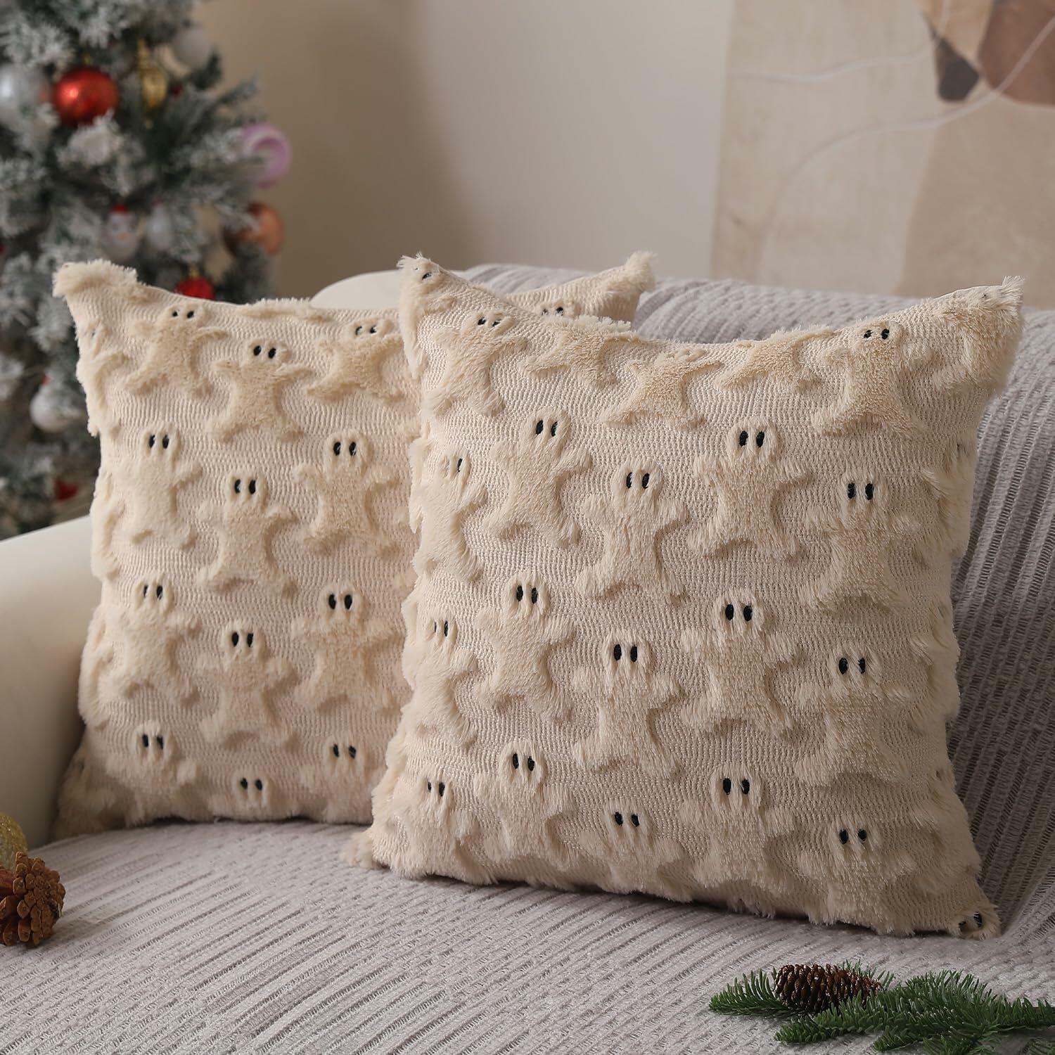 Allorry 2-Pack 18x18 Beige Gingerbread Christmas Pillow Covers Soft Plush Fur