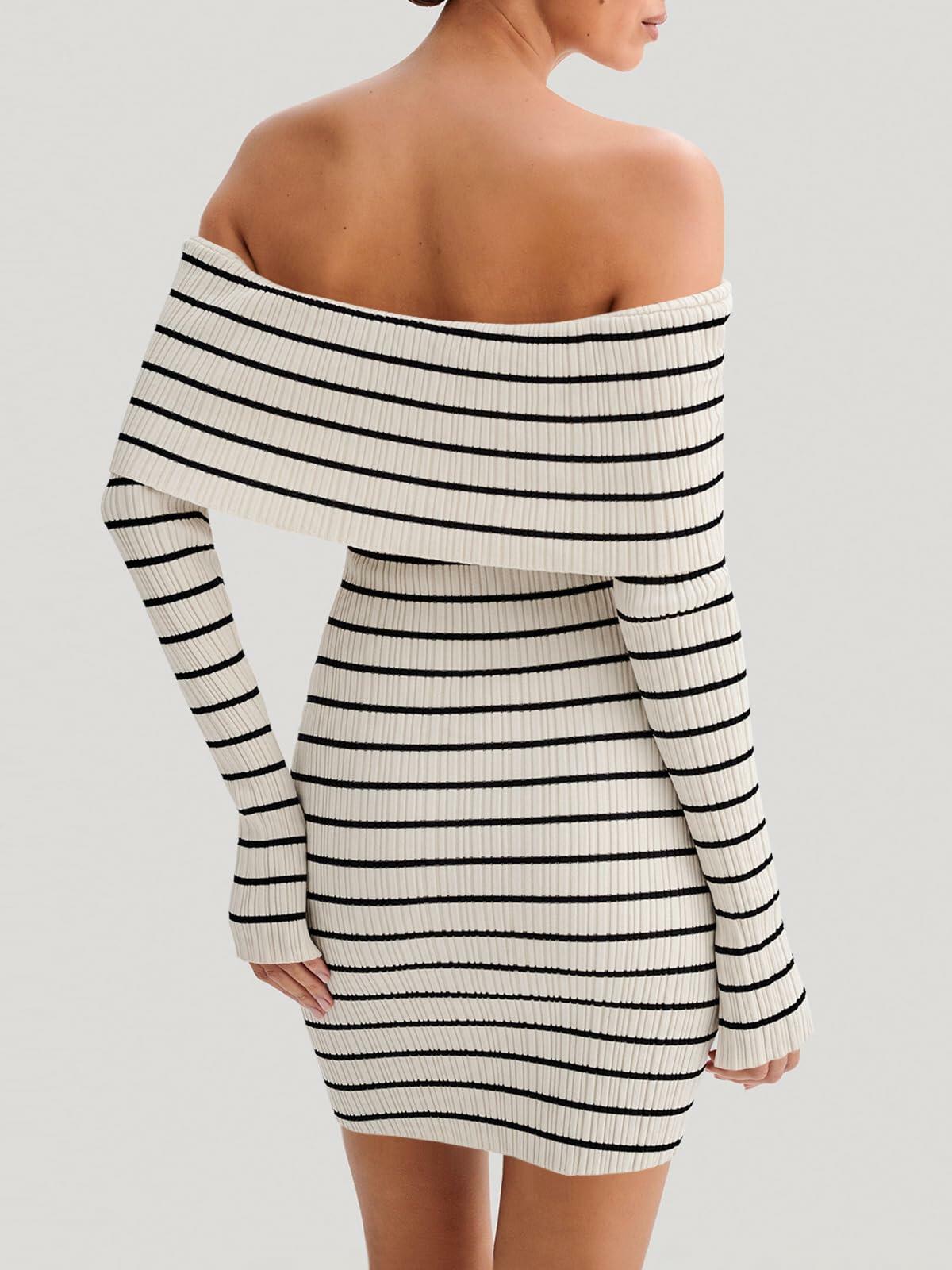 Wenrine Womens Off Shoulder Knit Mini Dress White Casual Bodycon Long Sleeve