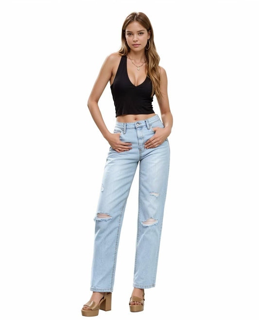 Hybrid & Company Womens Super Comfy Wide Leg High Rise Distressed Jeans Size 11