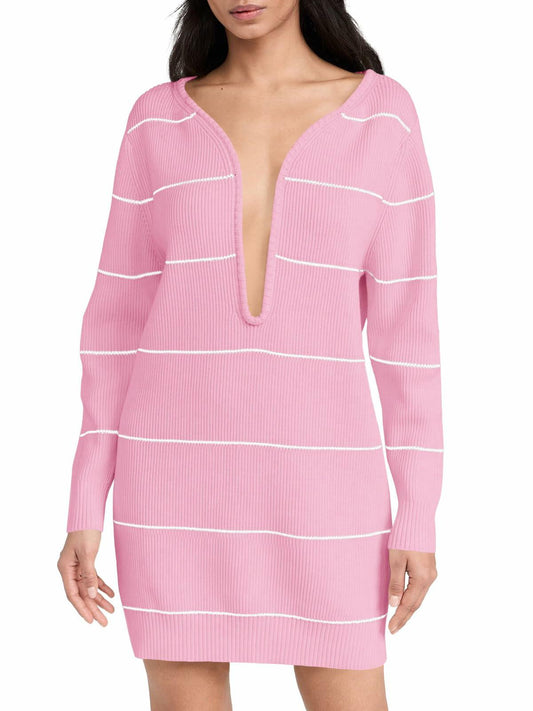 Saodimallsu Womens Pink Striped Sweater Dress Ribbed Knit Mini Long Sleeve