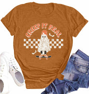 HQP Halloween Ghost Women's Brown Graphic Fall T-Shirt Top Spooky Skateboard