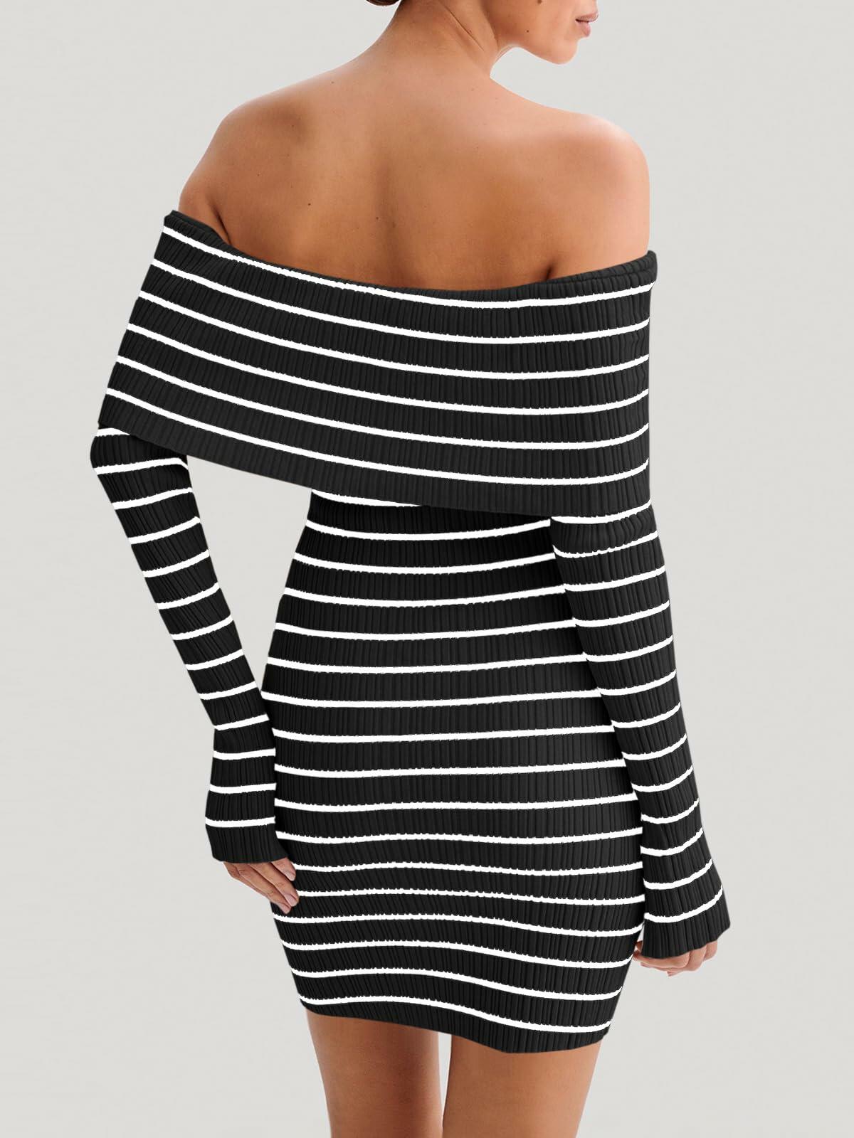 Wenrine Womens Off Shoulder Striped Knit Mini Dress Black Long Sleeve Casual