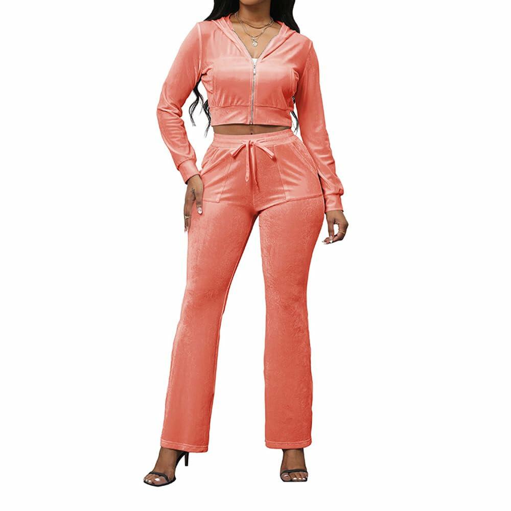 PINSV Women 2PC Velour Tracksuit Set Pink XXL Zip Hoodie & Bootcut Pants